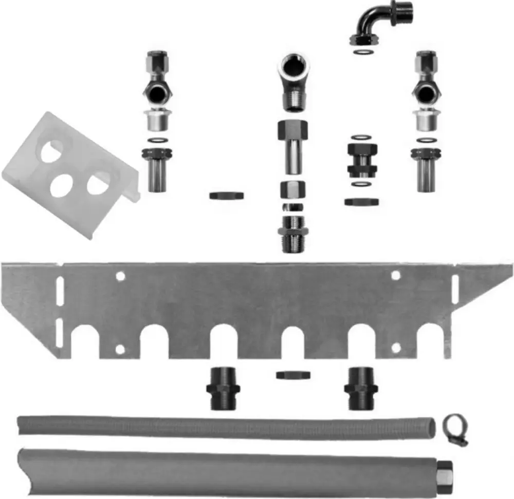 Anschluss-Set mit verschiedenen Rohrverbindungen, Dichtungen und einer Metaillplatte für die Montage. Geeignet für Auf- und Unterputzinstallation, Marke Wolf.